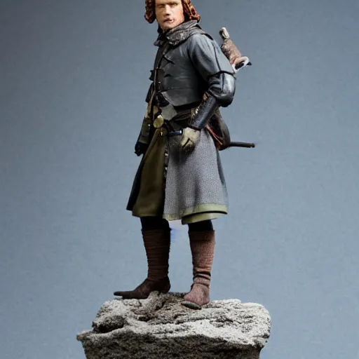 Prompt: photograph of a Jamie Fraser figure Made of clay 50 mm photo studio dramatic lighting