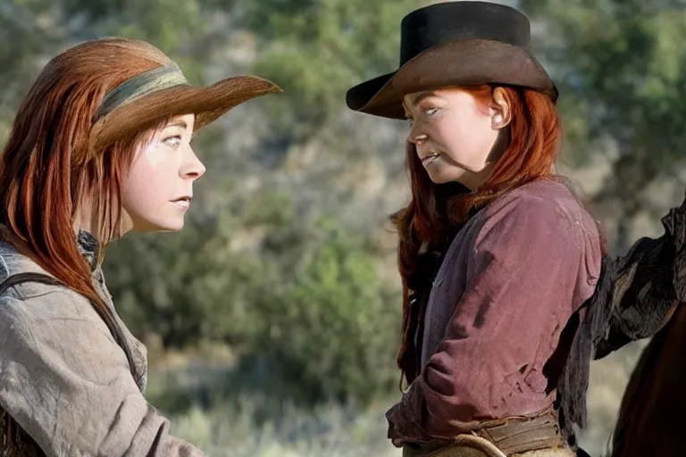 Image similar to screenshot from western movie, starring young alyson hannigan