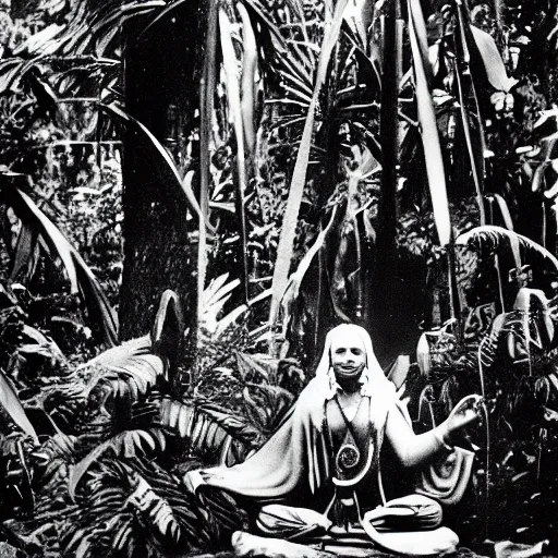 Image similar to lost film footage of a sacred in the middle of the ( ( ( ( ( ( ( ( ( tropical jungle ) ) ) ) ) ) ) ) ) / ethnographic object / tribal / sacred / film still / cinematic / enhanced / 1 9 0 0 s / black and white / grain