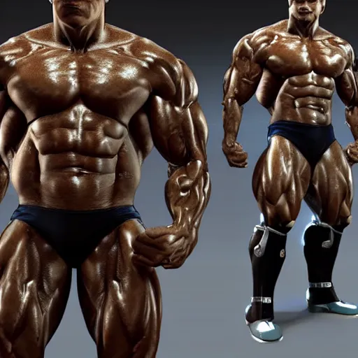 Image similar to a realistic detailed photo of a bodybuilder who is also a male android Chris Redfield, shiny skin, posing robotically, blank stare