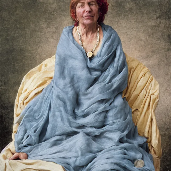 Prompt: a color photograph, closeup portrait of a woman wrapped in linen and silk, sitting on a plastic throne, in glacier national park in montana, color photograph, by vincent desiderio, canon eos c 3 0 0, ƒ 1. 8, 3 5 mm, 8 k, medium - format print