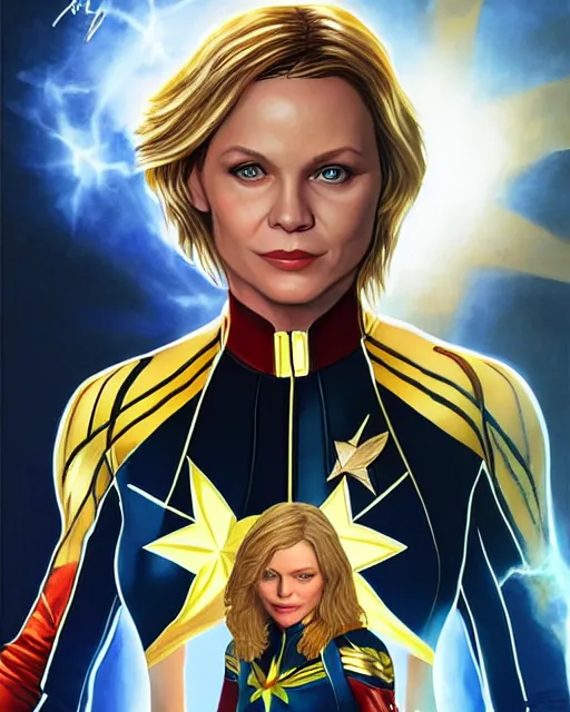 Image similar to hyper realistic painting of young michelle pfeiffer in captain marvel suit, hyper detailed, by clay mann, trending on artstation
