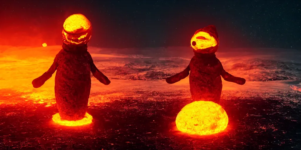 Image similar to a melted glowing snowman melting on top of the sun. the ground is made of fire and lava and is glowing orange. cinematic, dramatic, epic, volumetric lighting, atmospheric, red, orange extremely coherent, masterpiece, highly detailed, trending on artstation, 8 k, space, warm, solar flare, blade runner 2 0 4 9