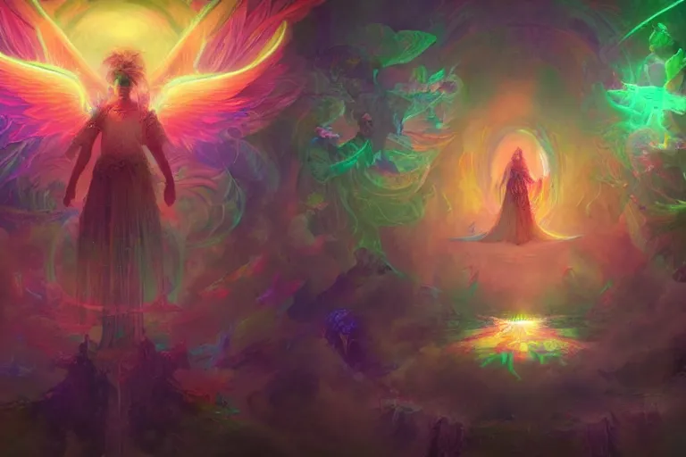 Image similar to infographic of a [ heavenly realm ] ~ in the style of a ~ [ three dimensional hologram ] ~ highly detailed digital saturated colors full color drawn by [ wlop and greg rutkowski ]