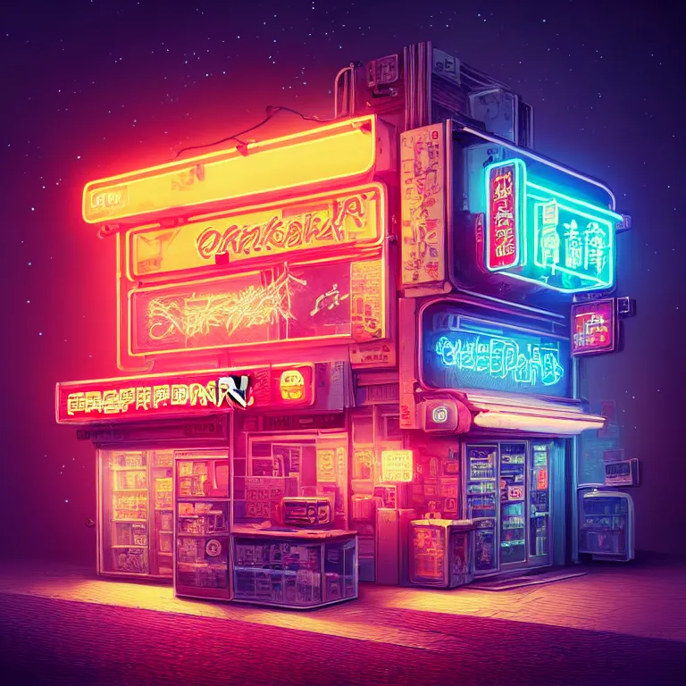Prompt: origami mini cyberpunk convenience store has a neon sign of 2 4 hours, fantasy, intricate, elegant, highly detailed, digital painting, artstation, concept art, smooth, sharp focus illustration, created by jan urschel and sylvain sarrailh ， 4 5 ° 3 d viewing angle