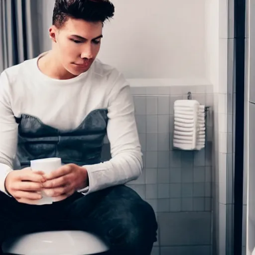 Image similar to dream an attractive young man sitting on top of the toilet drinking coffee and scrolling tiktok on his iphone, distant thoughtful look