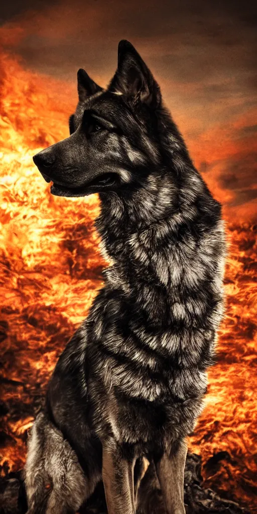 Prompt: close up character portrait of muscular german shepard beast - man, wearing military outfit, standing in hell landscape, 4 k, tone mapping