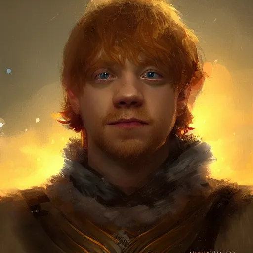 Prompt: a beautiful Norse Warrior based on Rupert Grint with glowing aura by Greg Rutkowski and Raymond Swanland, Trending on Artstation, cloudy background, ultra realistic digital art