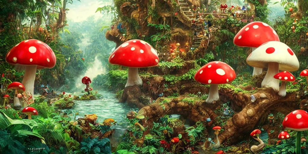 Image similar to Yoshi jumping out of Warp pipe, jungle landscape, Mushroom Kingdom, Super Mario Theme, giant red and white spotted mushrooms, by Stanley Artgerm Lau , greg rutkowski, thomas kindkade, alphonse mucha, loish, norman Rockwell