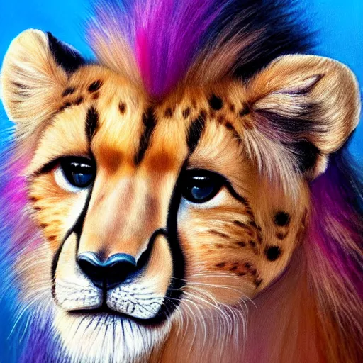 Image similar to portrait of a cute fluffy baby cheetah with long furry colorful lion mane detailed painting 4 k