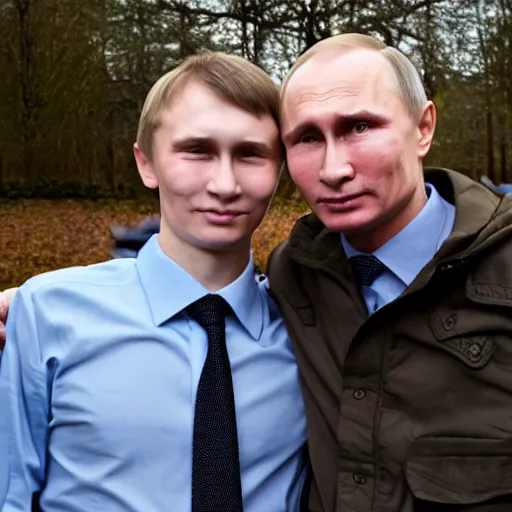 Image similar to A photo of putin teams up with a teenage putin, perfect faces, 50 mm, award winning photography