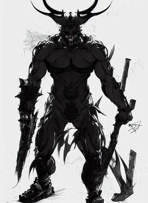 Image similar to Full body portrait of horned shadow bear spirit with sharp claws. In style of Yoji Shinkawa and Hyung-tae Kim, trending on ArtStation, dark fantasy, great composition, concept art, highly detailed.