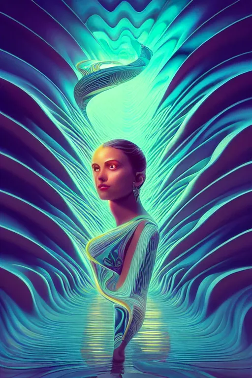 Prompt: Energetic jazz piano portrait, Art Deco surf, fantasy, intricate art deco wave designs, elegant, highly detailed fractals, sharp focus, prismatic, art by Artgerm and beeple and Greg Rutkowski and WLOP