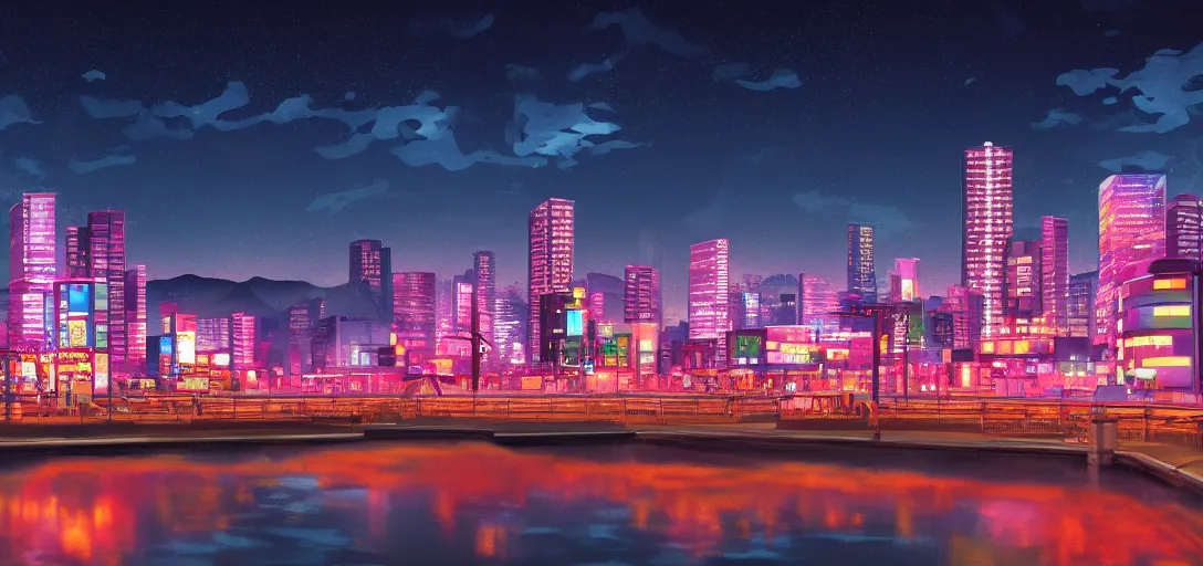 Image similar to very beautiful view of a modern japanese city at night, watery lake with dappled reflections, icy mountains in the background, calm clouds, colorful glow, neon lights, cinematic lighting, ultra detailed, sharp, ambient occlusion, raytracing, by dylan cole, sebastian meyer and jordan grimmer