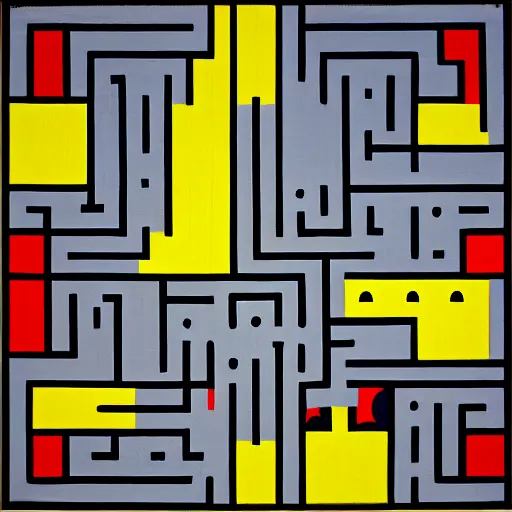 Image similar to pac - man!! in a maze painting by mondrian