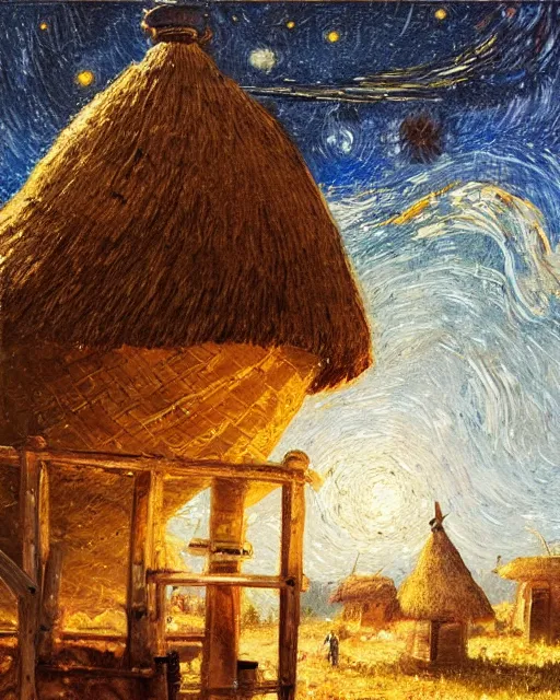 Prompt: Painting by Greg Rutkowski, A large ceramic jar with a golden ornament flies high in the starry night sky above small huts under thatched roofs