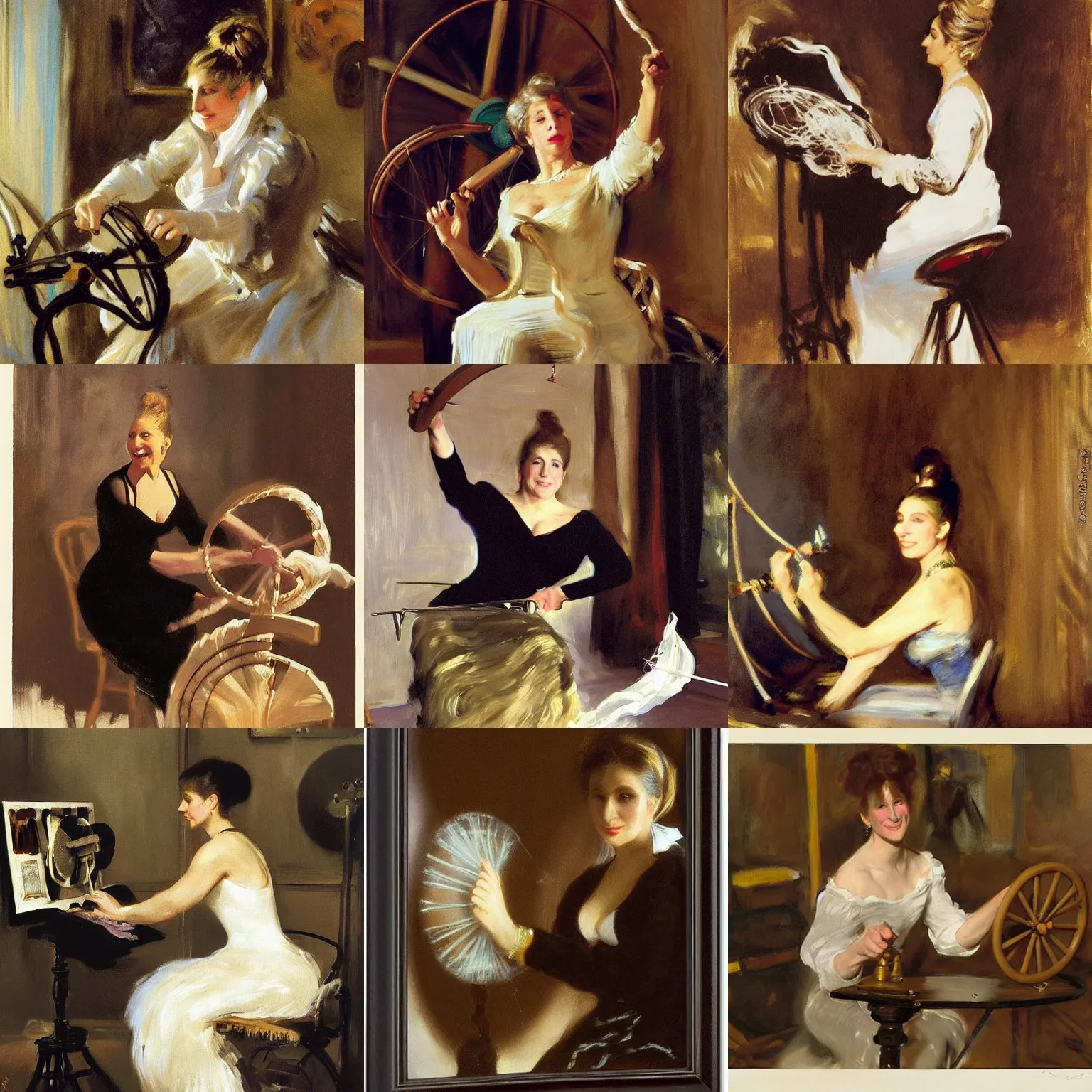 Prompt: A 50 year old stout Barbra Streisand with hair in a bun is spinning yarn on a spinning wheel, by john singer sargent