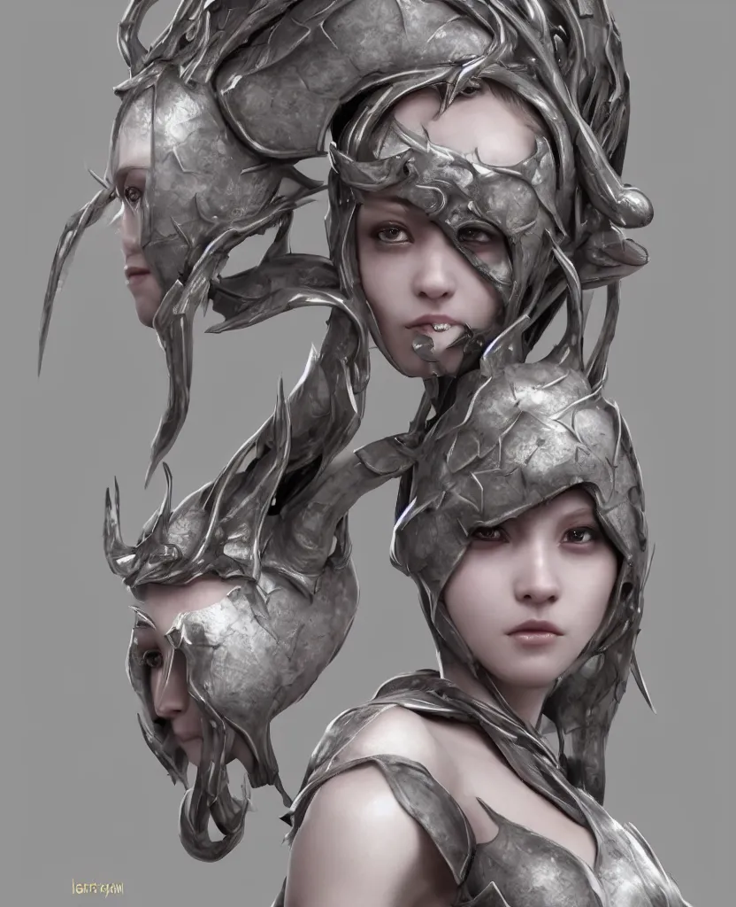 Prompt: fantasy, female humanoid creature, porcelain skin, symmetrical beautiful human face, plant armour, wide simple horned insect headpiece covering forehead, button nose, full lips, large cute anime eyes, stylised, bust, hyper detailed, octane render, realistic, global illumination, subsurface scattering, rim light, by greg rutkowski, boichi