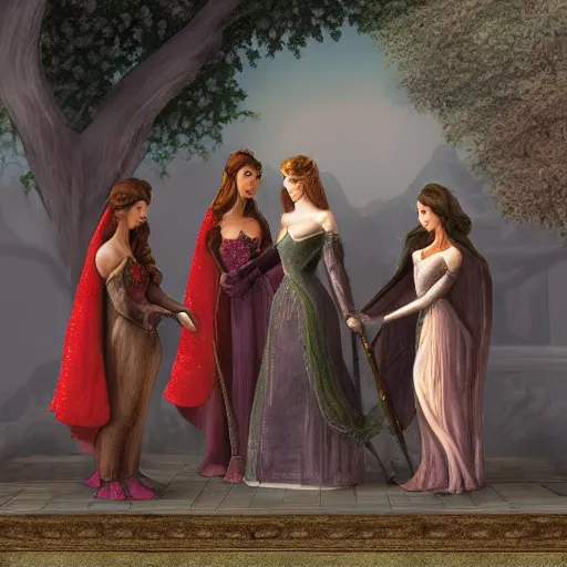 Prompt: a professional figure greeting the 5 princesses of Taurel, digital art