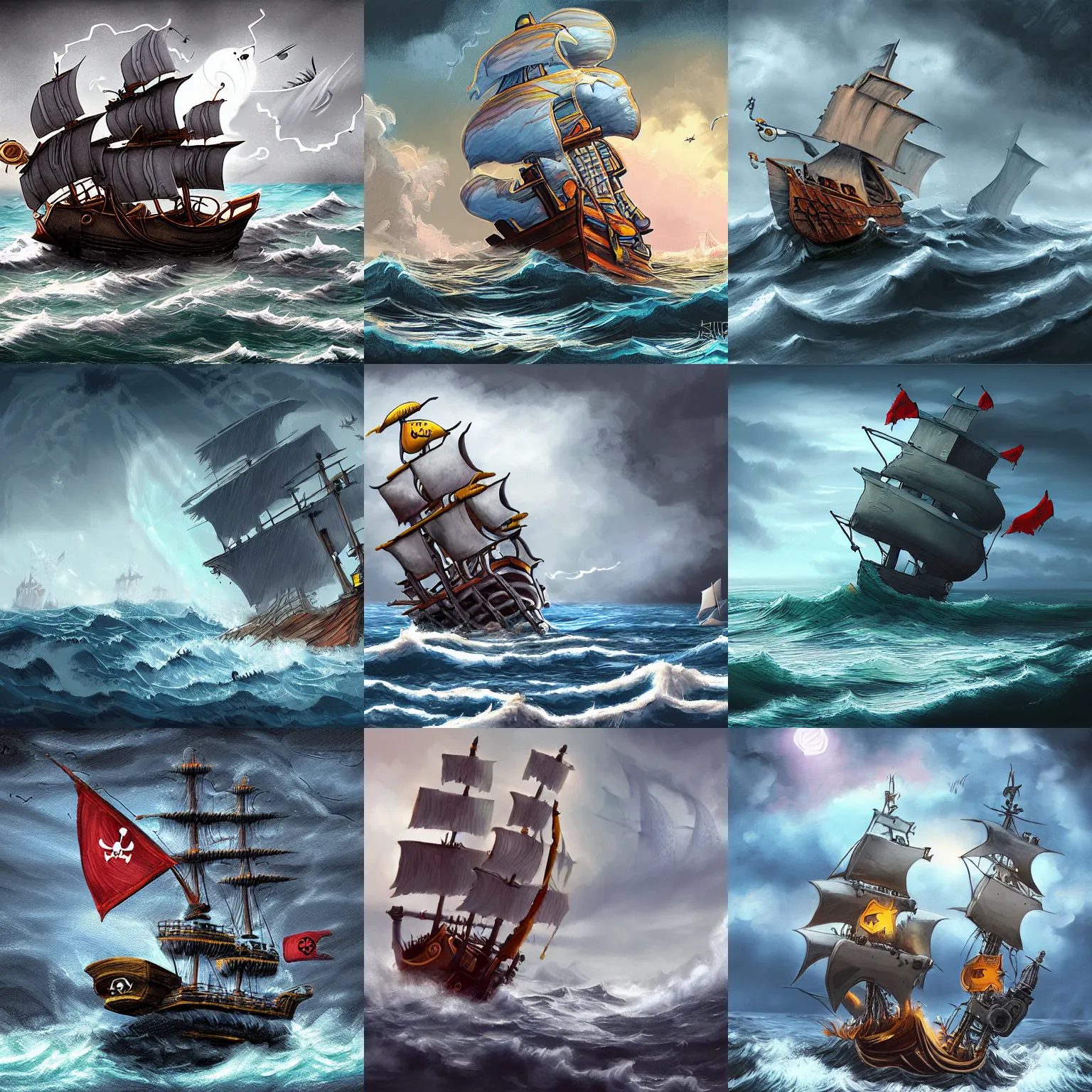 Prompt: a wizkids pirates constructible ship on a stormy sea, illustration, digital painting