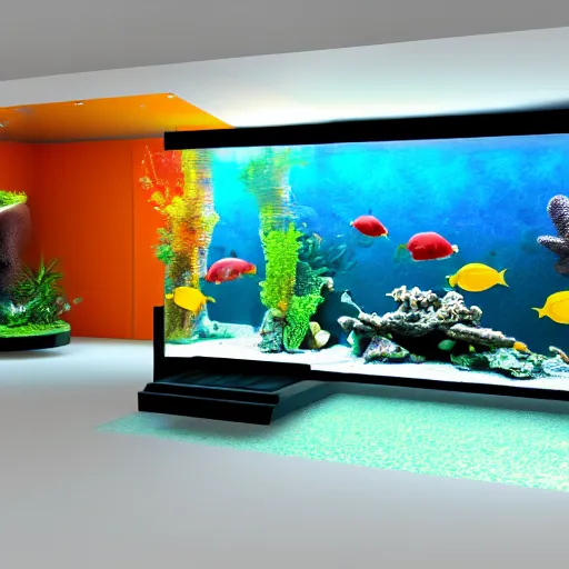 Image similar to realistic designed photo of the big modern room as aquarium with a beautiful fishes and corals, realistic colors, realistic shadows, daylight made by blender and cinema 4 d, 3 d