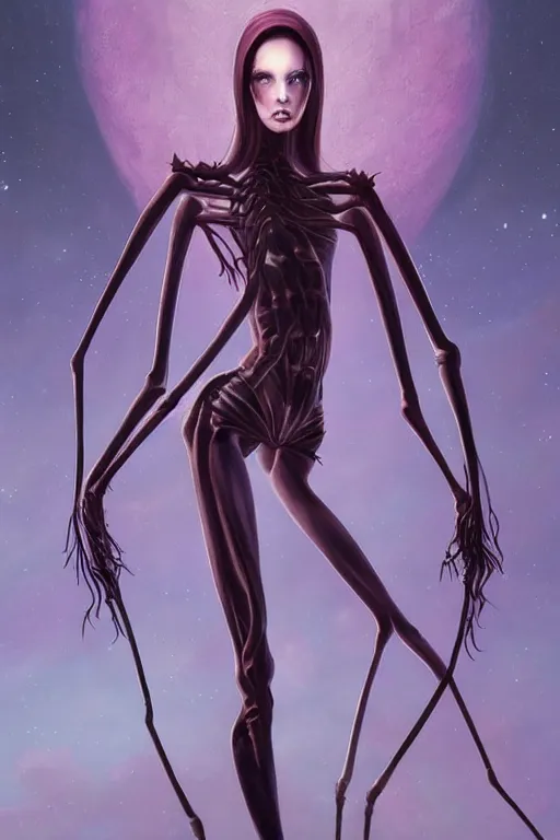 Image similar to portrait of an elegant alien spider queen, long legs, many legs, spindly legs, full body character concept art, by artgerm, tom bagshaw, gerald brom, vaporwave colors, lo - fi colors, vaporwave, lo - fi, moody vibe, goth vibe, 4 k, hd,