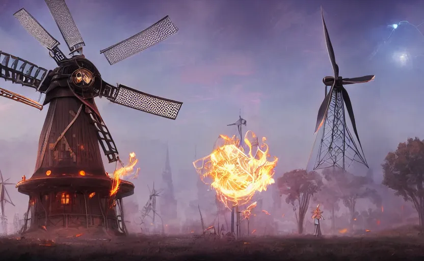 Image similar to a steampunk windmill spinning fast, robot, fire, ash, electricity lightning, furry, soft, concept art, sharp focus, intricate details, highly detailed, photorealistic, disney pixar, octane render, iridescent, anime, 8 k