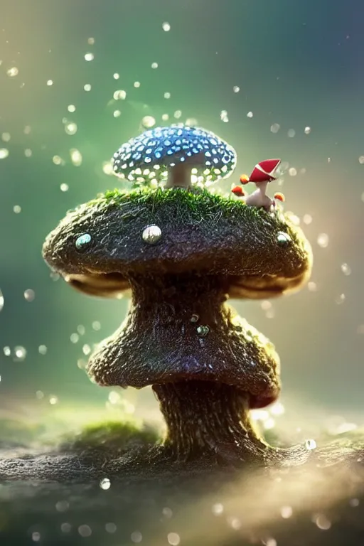 Image similar to a tiny cute mushroom dragon, dewdrops, macro, dramatic lighting, cinematic, establishing shot, extremely high detail, foto realistic, cinematic lighting, post processed, concept art, high details, cinematic, 8k resolution, beautiful detailed, photorealistic, digital painting, artstation, concept art, smooth, sharp focus, artstation trending, octane render, unreal engine