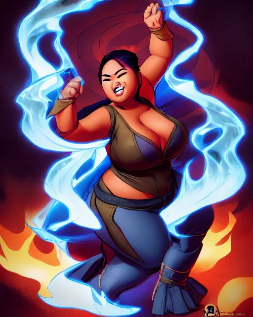 Prompt: thick chubby filipina pyrokinetic dnd mage, sly grin, fully clothed, exaggerated perspective, beautiful detailed face, action pose, comic book style, highly detailed, dynamic shadows, dynamic lighting, geoff johns, jason fabok, jason fabok, brad anderson, splash art