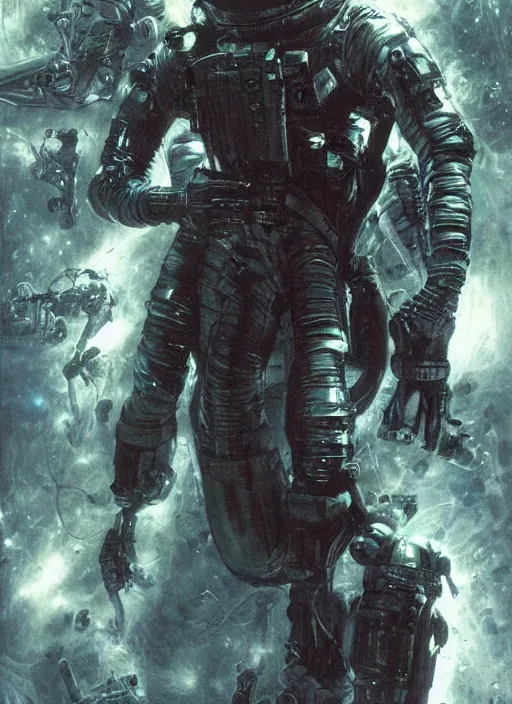 Image similar to astronauts in dark void underwater - complex and hyperdetailed technical suit. reflection and dispersion materials. rays and dispersion of light. volumetric light. f / 3 2. noise film photo. flash photography. ultra realistic, wide angle. poster by wayne barlowe, hajime sorayama aaron horkey, craig mullins