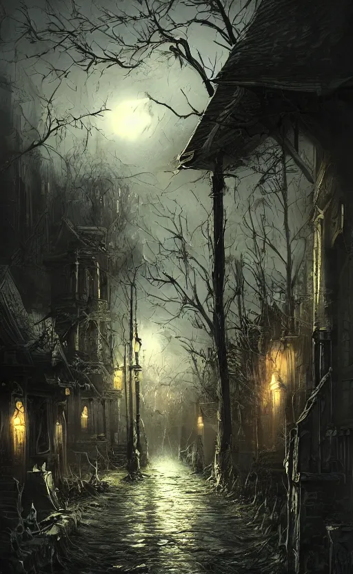 Image similar to dark fantasy concept art of a neighbor hood view at night of a Halloween decorated street, dynamic lighting, photorealistic, cinematic, ultra detailed, trending on art station, creepy, lonely vibe, stunning visuals, extreme detail, eery vibe