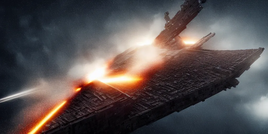 Image similar to star destroyer exploding, cinematic light, 8K