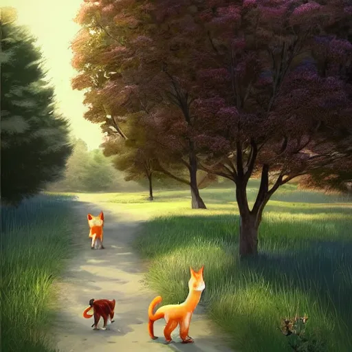 Prompt: two calico cats walking together outside on a beautiful day, cute storybook illustration, trending on artstation, cgsociety, beautiful painting