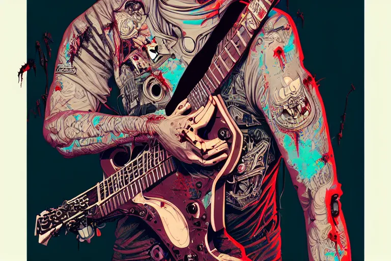 Prompt: zombie punk guitar player, tristan eaton, victo ngai, artgerm, rhads, ross draws, intricated details, 3 / 4 view, full body portrait