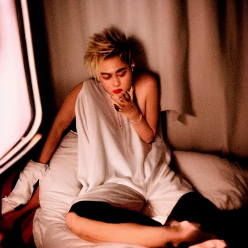 Prompt: Miley Cyrus in a dark room, movie still, photography, DSLR 35mm, low light photography, sadness