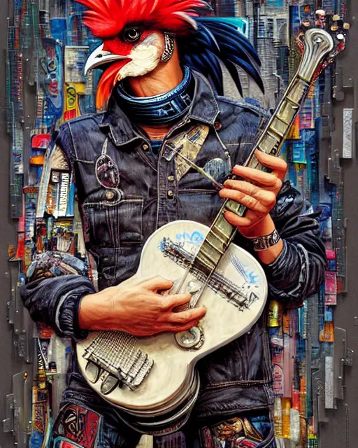 Image similar to a portrait of an anthropomorphic cyberpunk rooster shredding a banjo by sandra chevrier, by jon foster, detailed render, tape deck, epic composition, cybernetics, 4 k realistic, cryengine, realistic shaded lighting, sharp focus, masterpiece, by enki bilal