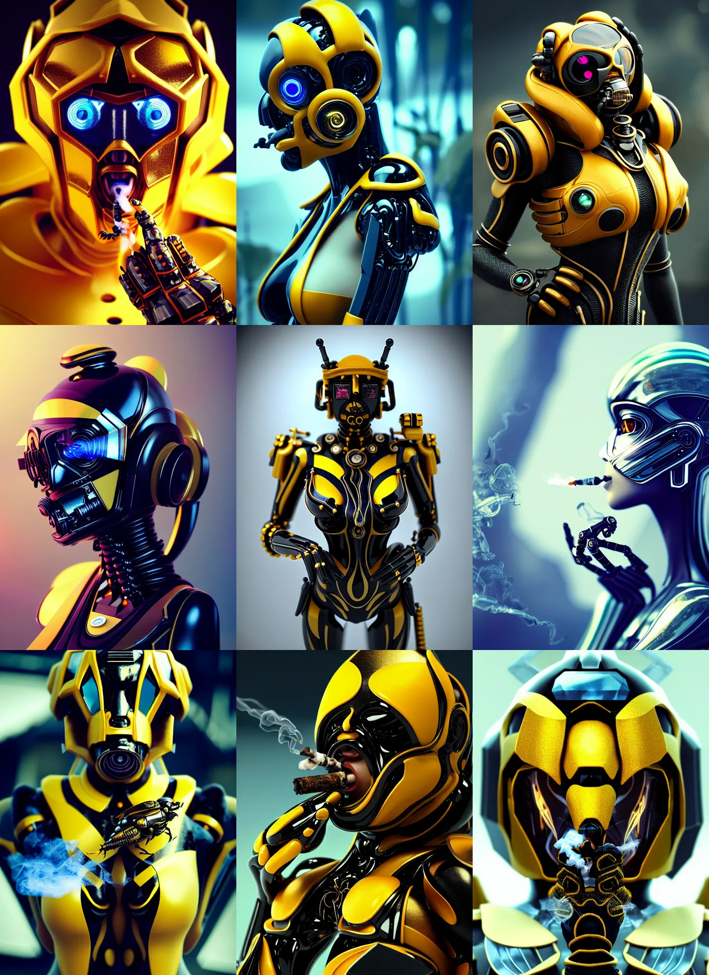 Prompt: transhuman obsidian bumblebee edm cyborg smoking | elaborate jewelry | glamorous oily soft polished rich enticing ornate modern | weta disney pixar movie still photo | hi - fructose, sci fi fantasy, golden ratio details, smooth, octane render, sharp focus, artstation, concept art | beeple, feng zhu, artgerm, mucha, rutkowski |