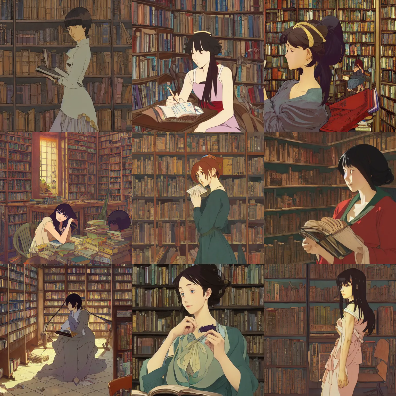 Prompt: Woman studying in a cluttered magical library, defined facial features, highly detailed, illustration, Makoto Shinkai and Studio Ghibli anime screenshot, by Ilya Kuvshinov and Alphonse Mucha and Andrei Riabovitchev