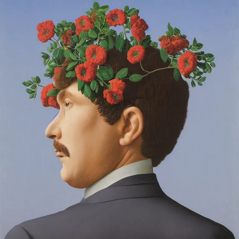 Image similar to portrait of man in a suit, his head is flowers, by rene magritte, detailed painting, hd, hq, high resolution, high detail, 4 k, 8 k