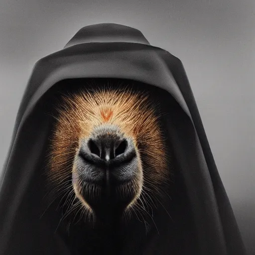 Image similar to a portrait of a capybara wearing a black hood, cloak covering face, anatomically correct, beautiful perfect face, enigmatic, oil painting, matte, black background, volumetric dynamic lighting, highly detailed, cinematic lighting, unreal engine, 8 k, hd, by beksinski