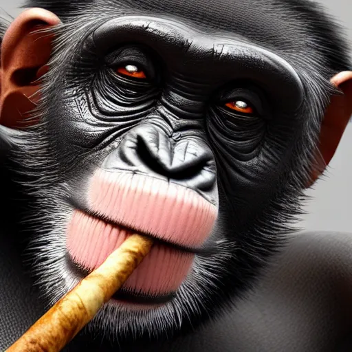 Image similar to a high detail closeup shot of a chimp wearing a suit 👔,and smoking a cigarrette🚬, cgcosiety, artstation, unreal engine, realism