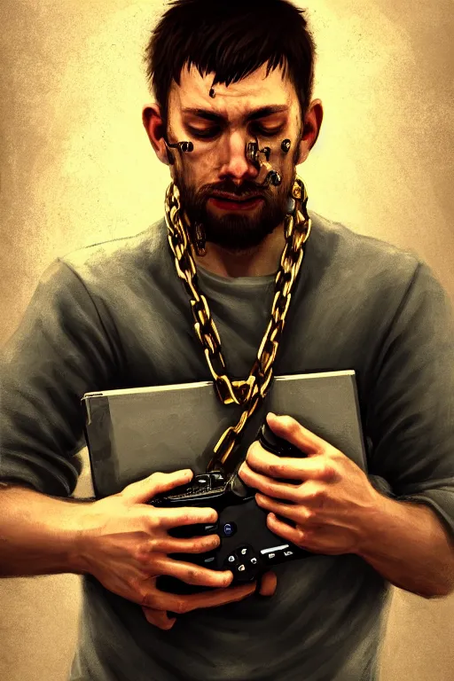 Image similar to very tired man holding gaming console in hands. he is chained to the console, intricate, elegant, highly detailed, digital painting, artstation, concept art, addiction, chains, smooth, sharp focus, illustration, art by ilja repin