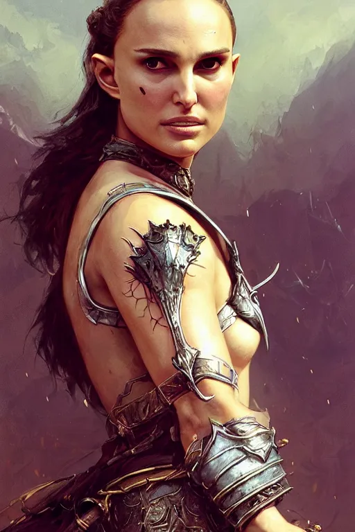 Image similar to natalie portman, legendary warrior, heroic, lord of the rings, tattoos, decorative ornaments, battle armor, by carl spitzweg, ismail inceoglu, vdragan bibin, hans thoma, greg rutkowski, alexandros pyromallis, perfect face, fine details, realistic shading photorealism