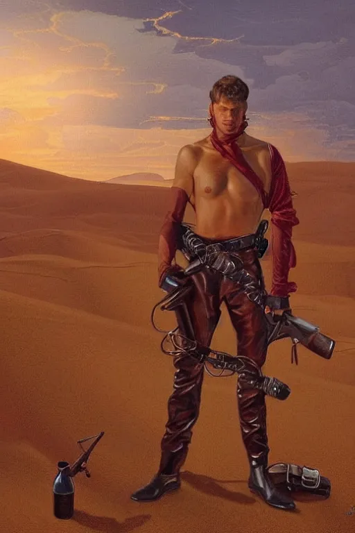 Prompt: an dramatic homoerotic painting of a handsome shirtless cowboy holding revolvers | he is wearing bandoliers, a harness, and leather pants | red desert mesa background at twilight, ground littered with bullet casings | by bill ward, by tom of finland, by clyde aspevig, by thomas moran | trending on artstation