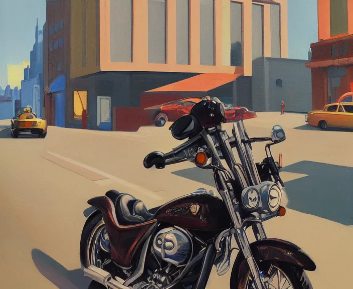 Image similar to a very detailed painting of a alien wearing a suit, riding a motorbike down a street, harley davidson motorbike, worm's - eye view, very fine brush strokes, very aesthetic, very futuristic, in the style of edward hopper and grant wood and syd mead, 4 k,