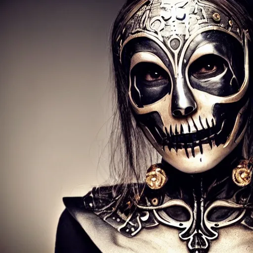 Prompt: A new dark hero for blockbuster movies. A beautiful woman wearing a silver skeletal mask, with an ancients, ultra-detailed pattern. Attractive eyes. A fearless smile. Blurred background. Earrings. Golden
