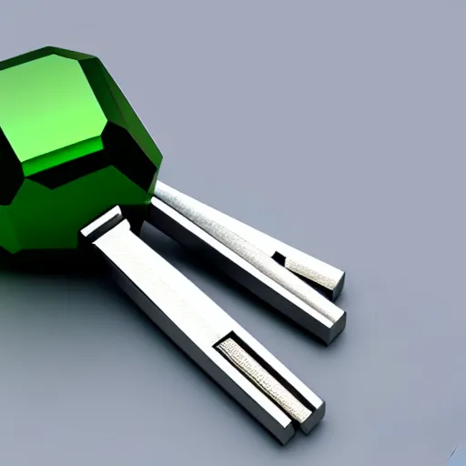 Image similar to a 3d game object of the metal key with large green diamond, icon, vray 4k render, on the white background, rpg game inventory item