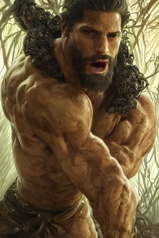 Image similar to portrait of joe manganiello as a hulking herculean demon, forest, godlike, full body, fantasy, intricate, elegant, highly detailed, digital painting, artstation, concept art, sharp focus, illustration, art by artgerm and greg rutkowski and alphonse mucha