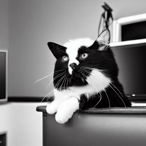 Prompt: black and white cat with a mullet watching his favorite show on TV, 4k,