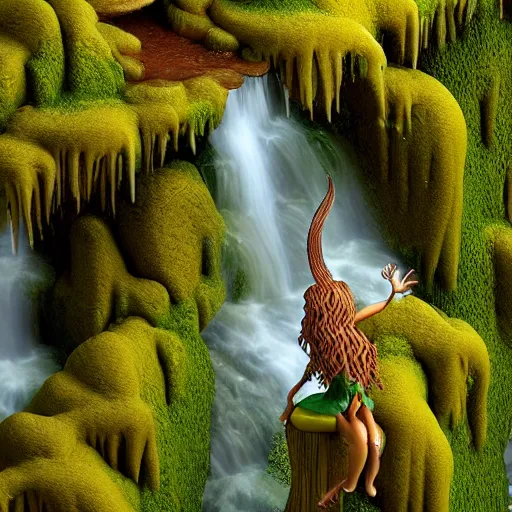 Image similar to a dryad tree spirit atop a floating waterfall. isometric 3d render, landscape reds, greens, yellows